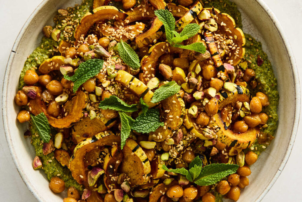 Roasted pumpkin and chickpea recipe with maple and mint-pistachio pesto
