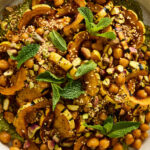 Roasted pumpkin and chickpea recipe with maple and mint-pistachio pesto