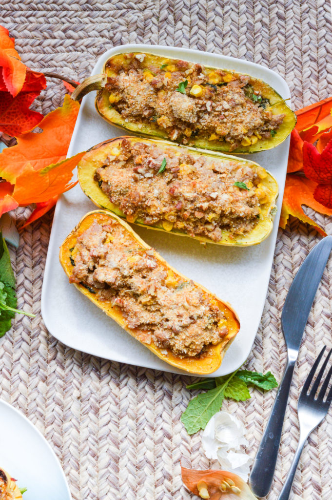 Delicate pumpkin stuffed with pork, corn and kale sprouts • Cook & Enjoy