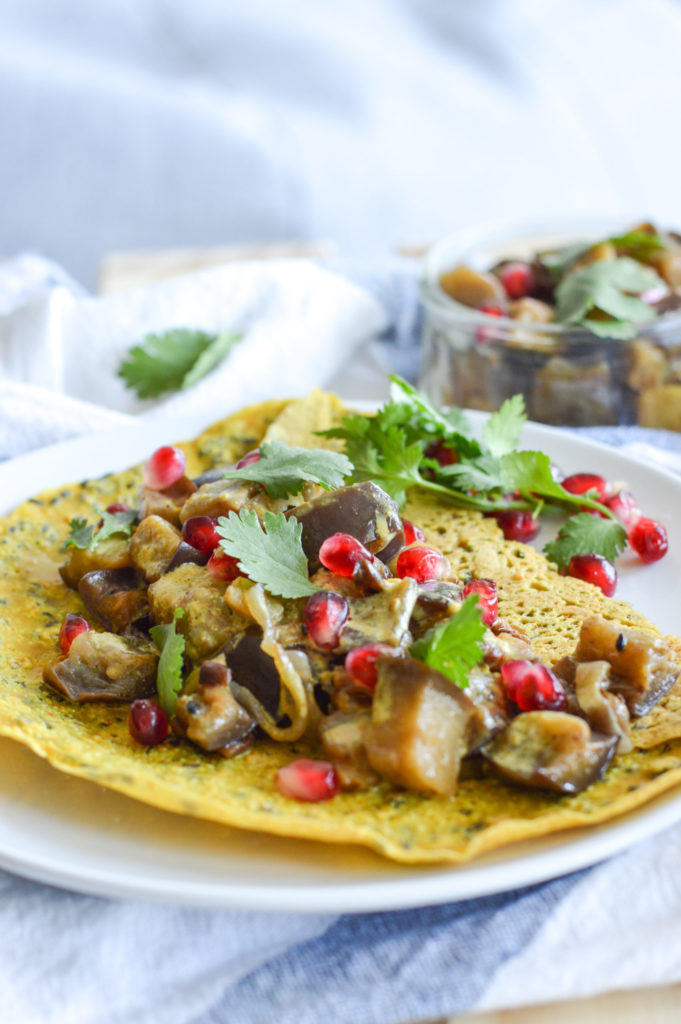Chickpea pancakes – aubergines and miso cream
